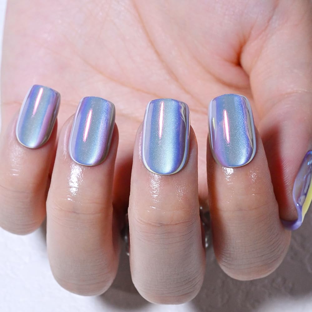 evpct Periwinkle Blue Cat Eye Chrome Press on Nails Short Square No Glue with Aurora Design, Purple Holographic Short Square Stick on Nails for Women, Glossy Cateye Effect, Perfectly Fit Salon-quality