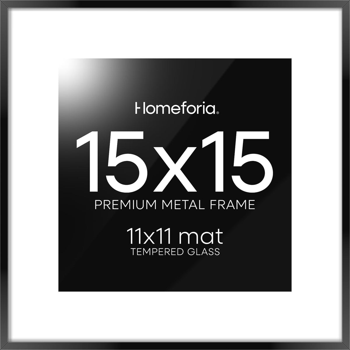 Homeforia 15x15 Picture Frame Black, High End Metal 15 x 15 Square Poster Frames with Mat 11 x 11 Photo, 15x15 Black Frame Matted to 11x11 Print, 15by15 Thin Frames, Tempered Glass, Wall Kit, Set of 1