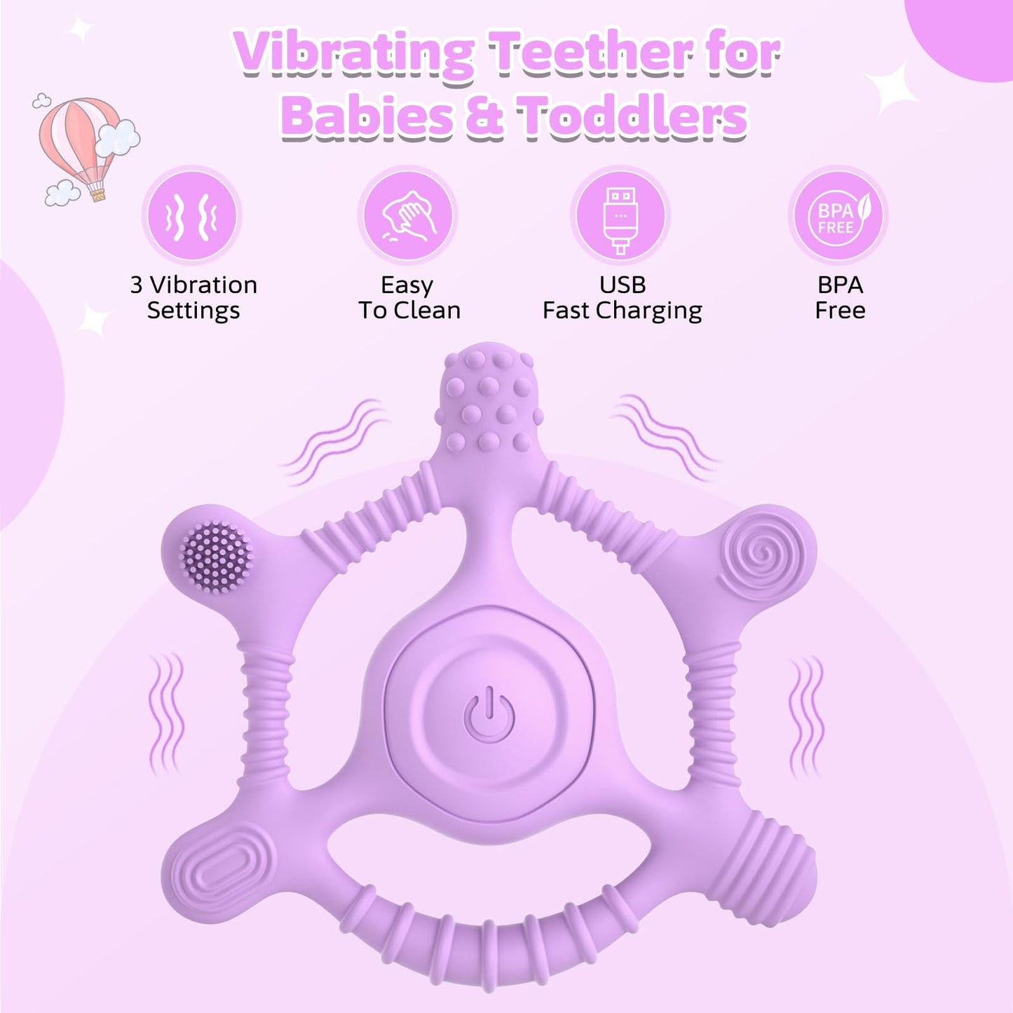 Vibrating Teether for Baby, Sensory Toys for Kids with Autism & Teething Relief for Babies 6-18 Months, USB Chargeable with 3 Vibration Settings, Autism Sensory Products (Purple)