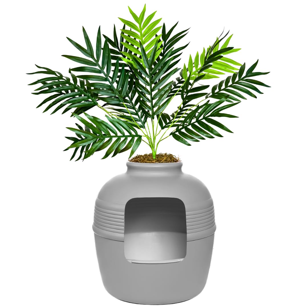 Good Pet Stuff Original Hidden Litter Box Planter, Decorative Cat Litter Enclosure with Carbon Filter, Artificial Palm Plant, Upgraded Design, Easy to Clean, Base Kit, White Birch