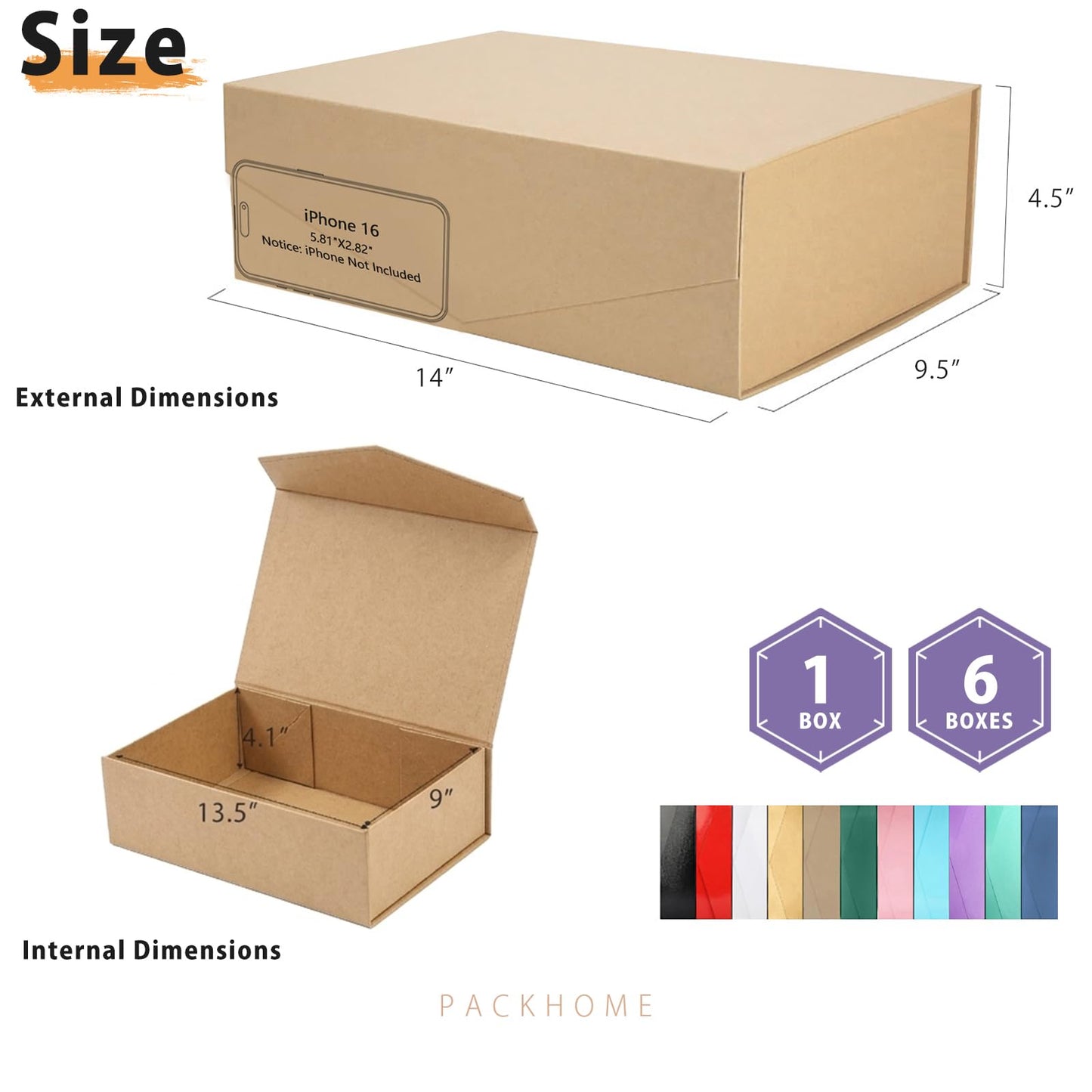 PACKHOME 6 Large Gift Boxes with Lids 13.5x9x4.1 Inches, Sturdy Collapsible Gift Boxes with Magnetic Closure (Kraft)