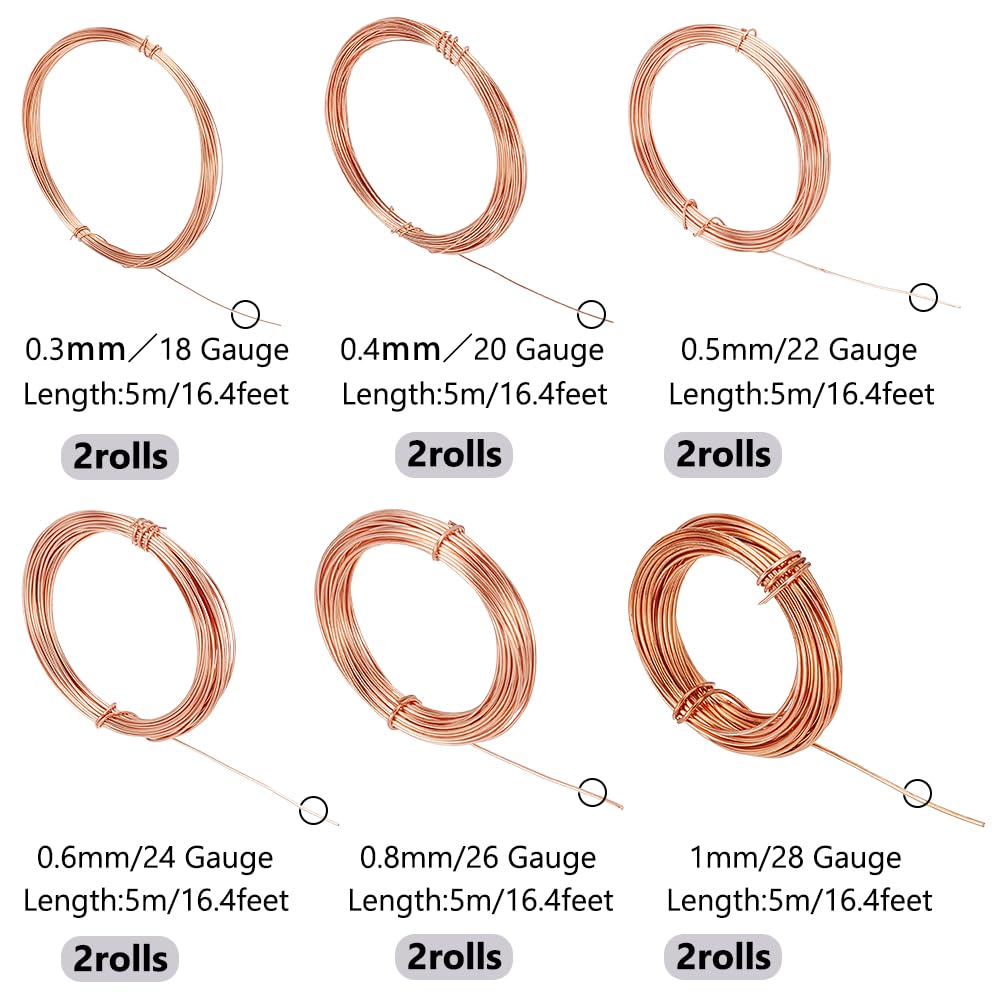 BENECREAT 12 Rolls 196 Feet Dead Soft Copper Wire, 18/20/22/24/26/28 Gauge Solid Bare Copper Wire for Jewelry Making, Gem Wrapping