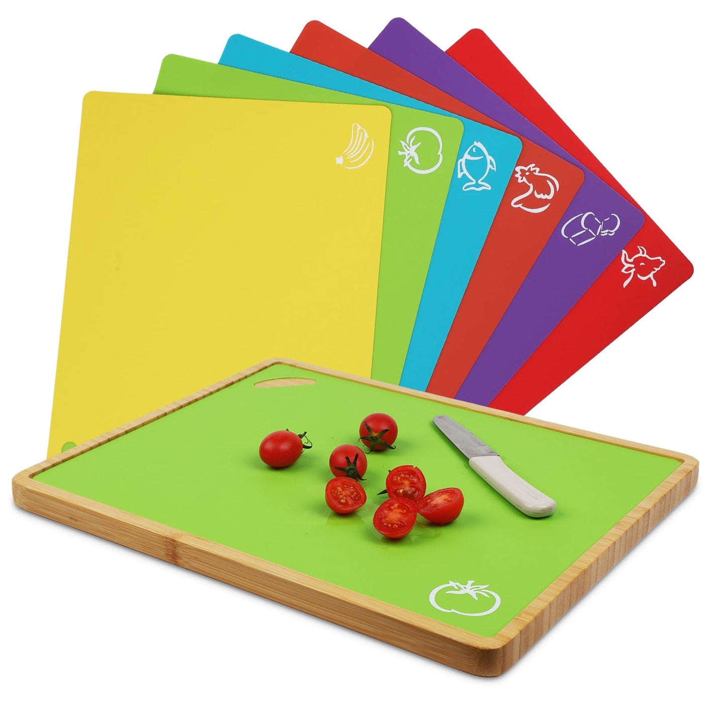 Bamboo Cutting Board Set with 6 Color-Coded Flexible Chopping Mats,BPA Free, Durable & Multi-Purpose for Kitchen Prep, Ideal Charcuterie & Chopping for Meat, Vegetables and Fruits Ideal Kitchen Gifts