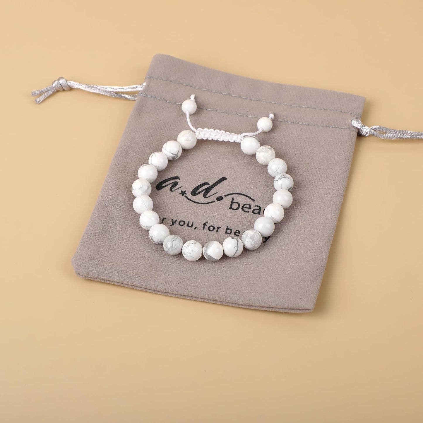 AD Beads Natural 8mm Gemstone Bracelets Healing Power Crystal Macrame Adjustable 7-9 Inch (White Turquoise)
