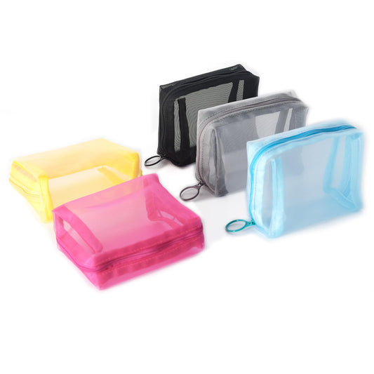 patu Zipper Mesh Bags, Portable Mini Case, Size S, 5" x 4" x 2", 5 Pieces, Beauty Makeup Cosmetic Accessories Organizer, Small Travel Toiletry Kit Set Storage Cuboid Pouch, Assorted Colors