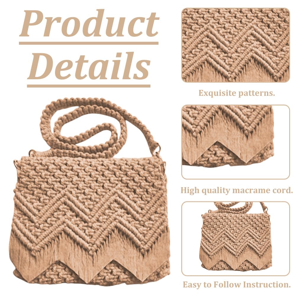 INFUNLY DIY Macrame Bag Kit for Adults Beginners Brown Boho Macrame Tote Bag with Tassels Knotting Handbag Macrame Kit Shoulder Bag Macrame Kit for Holiday with Video Instruction for Women Beach Gift