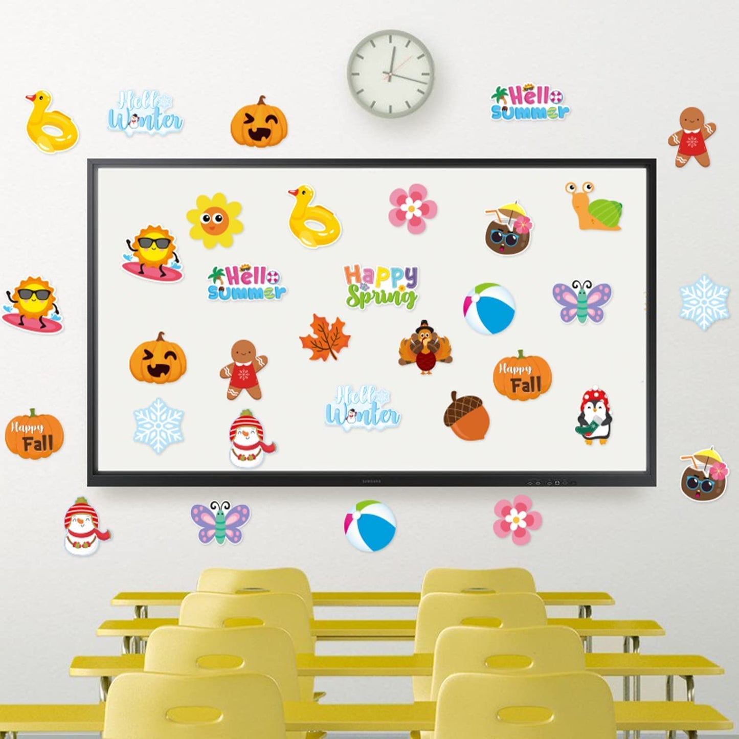 Haooryx Spring Summer Fall Winter Classroom Cutouts Bulletin Board Set - 120Pcs Seasonal Classroom Decoration Paper Cut-Outs Blackboard Border Trim for School Classroom Whiteboard Window Wall Decor