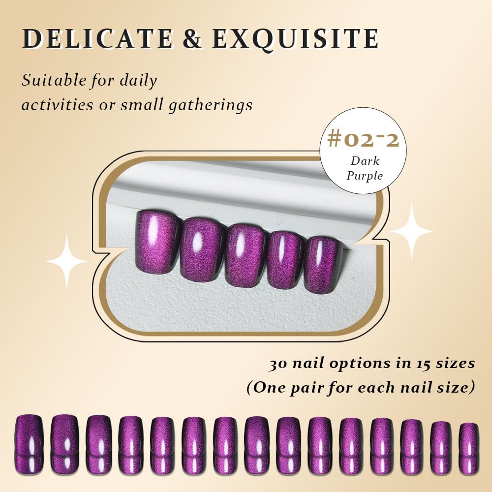 evpct Purple Cat Eye Press on Nails Short Square, Short Square Stick on Fake Nails for Women Gift, Dark Purple Metallic Glitter Glossy Reusable Soft Gel Stick Press on Acrylic False Nail with Designs