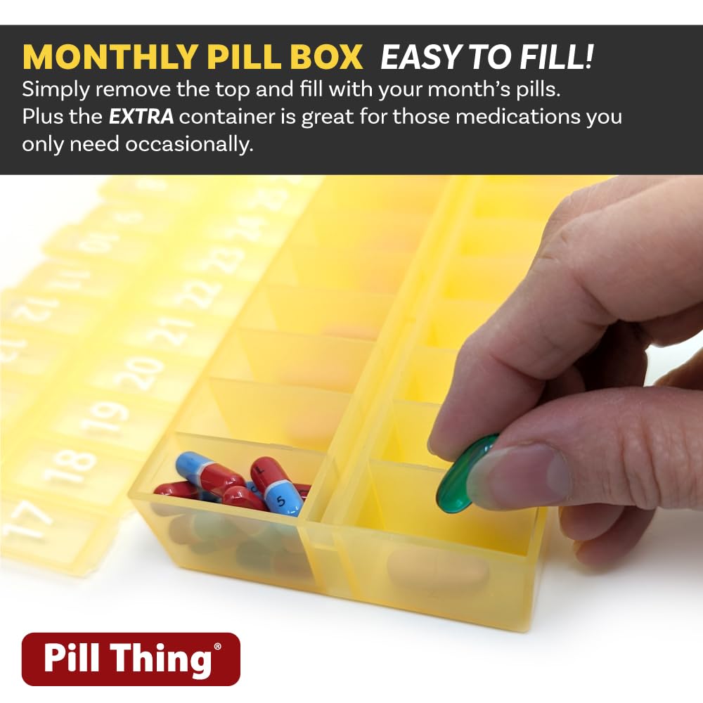 AM PM 31 Day Once-a Day Monthly Pill Planner Organizers - Large Compartment Pill Boxes Store Medications for Entire Month Plus Compartment for Extra Pills (AM/PM Yellow & Blue) BPA Free