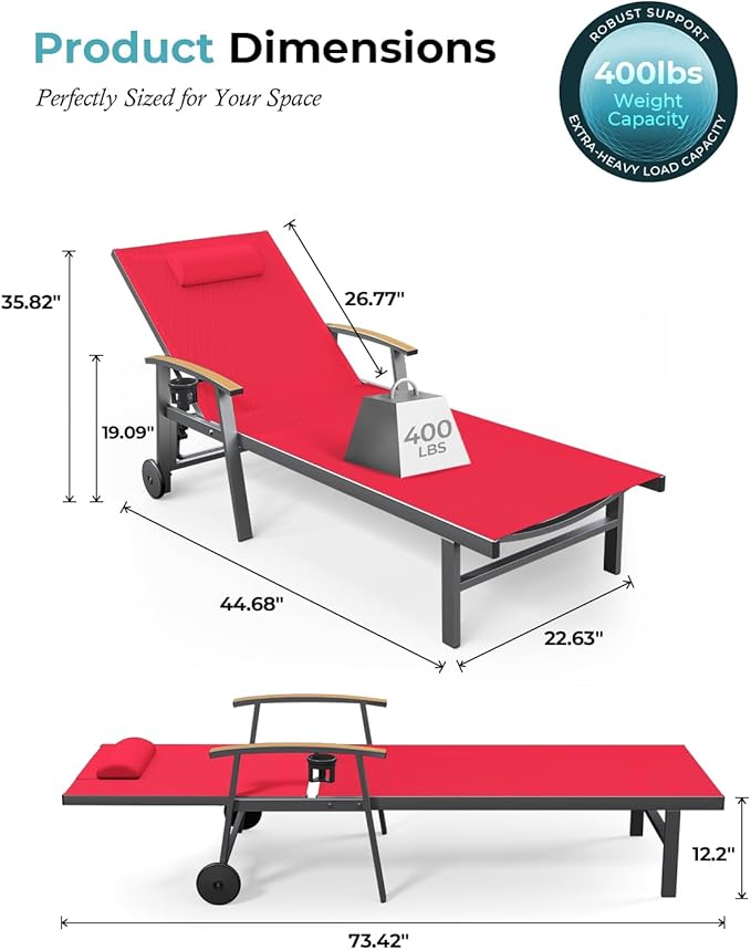 Ciokea Outdoor Lounge Chair with Pillow Set of 4, 5-Position Chaise Lounge with Wheels & Armrests, 400 lbs Heavy Duty Aluminum Pool Lounge Chairs, for Beach, Deck, Poolside & Backyard, Red
