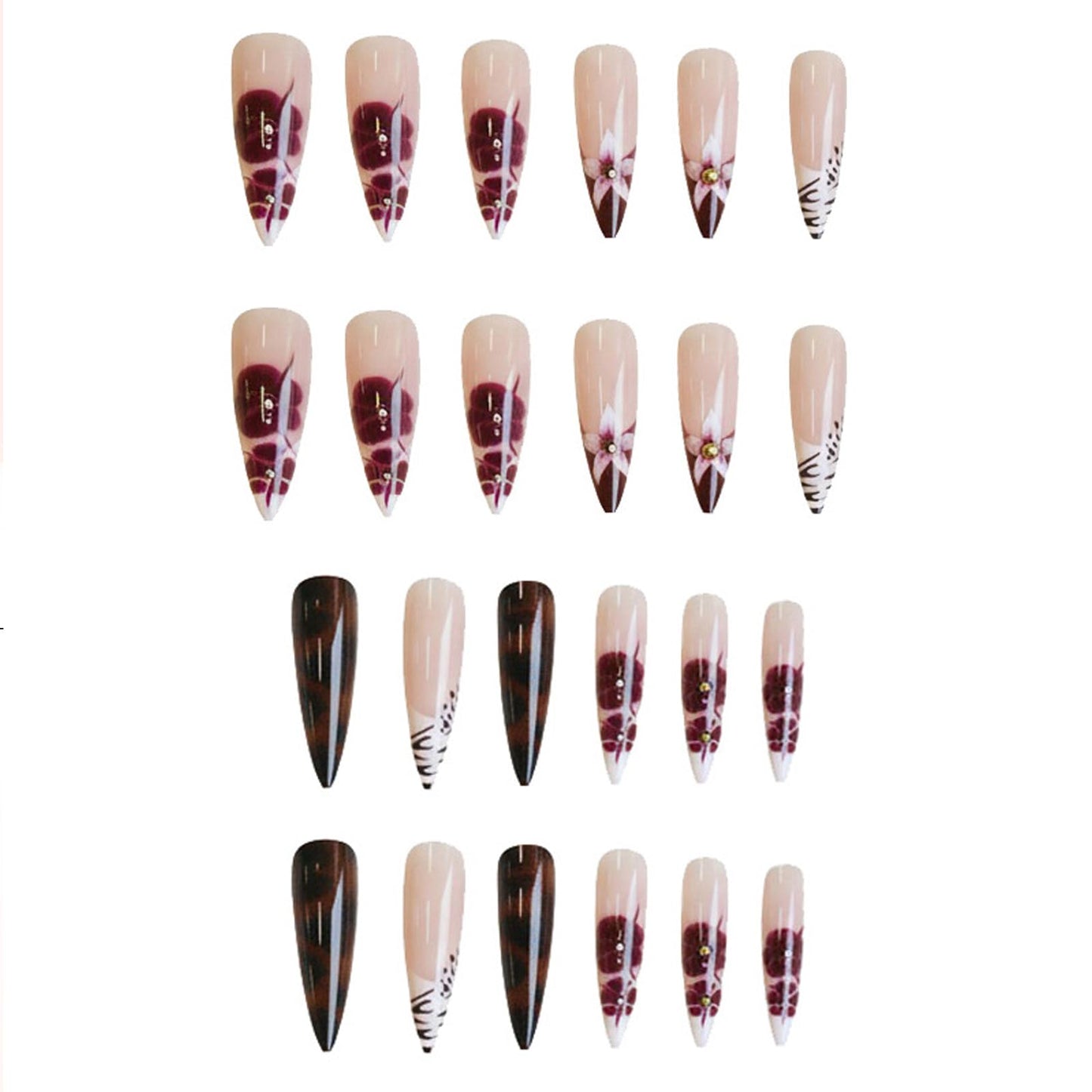 IMRAIN Press on Nails Long Stiletto Fake Nails Red Brown Flower, Leopard Print Designs Fall Glossy Glue on Nails