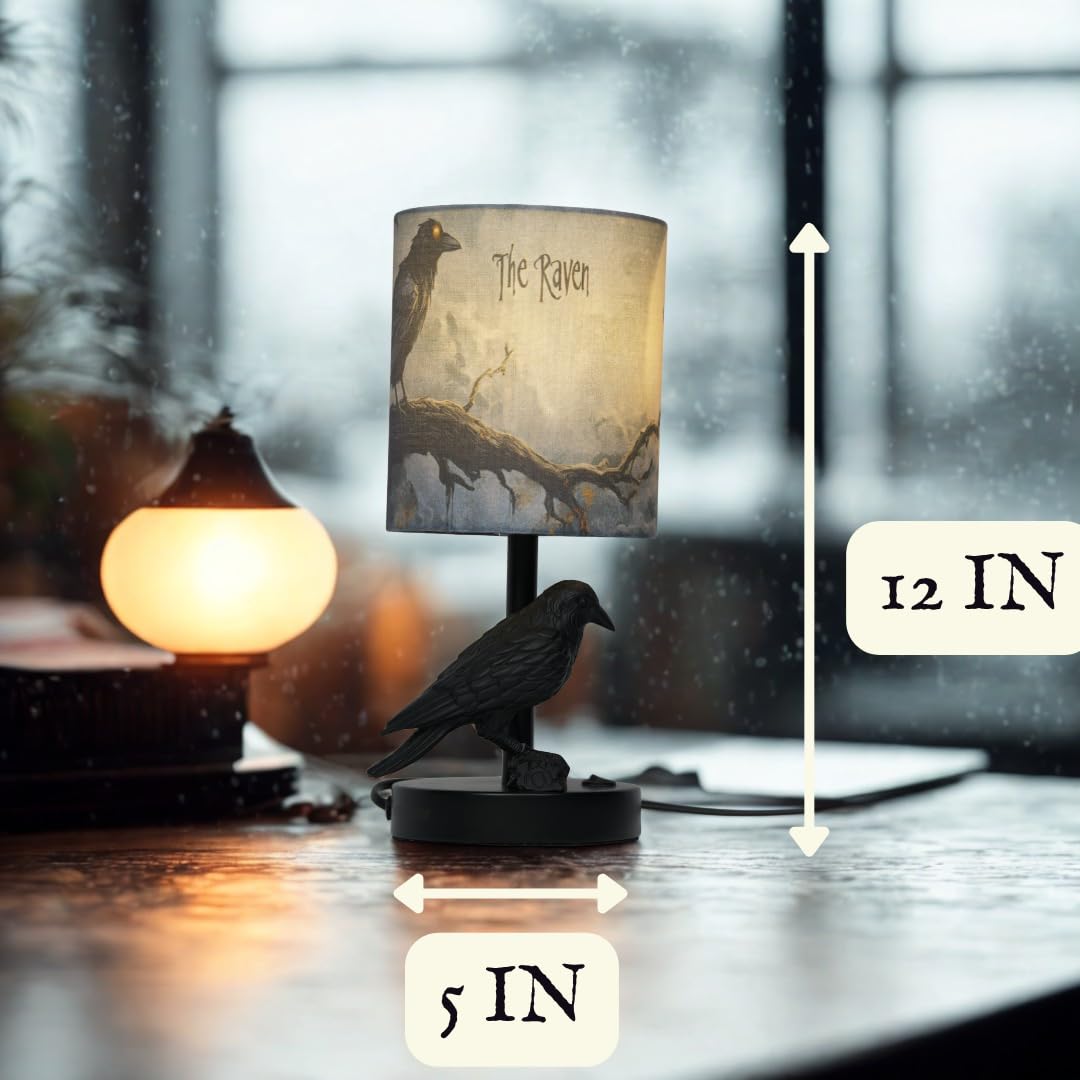 Raven and Crow Table Lamp - Valentines Goth Themed Gifts Lamp – Gothic Desk Lamp with LED Bulb – Nevermore Inspired Edgar Allan Poe Gift for Library or Bedroom - Dark Academia, Witchy, Viking Decor