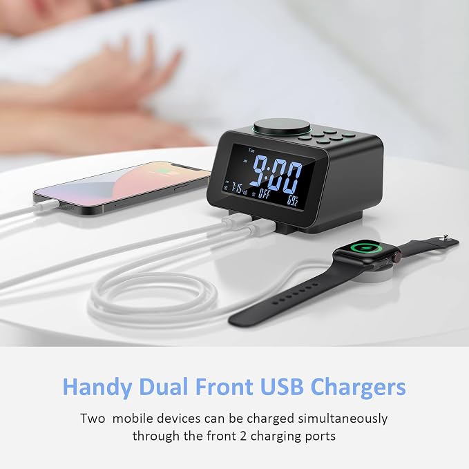 uscce Digital Dual Alarm Clock Radio for Bedrooms with 0-100% Dimmer | FM Radio with Weekday/Weekend Mode & 2 USB Charging Port & 6 Sound Adjustable Volume & Sleep Timer Temperature Battery Backup