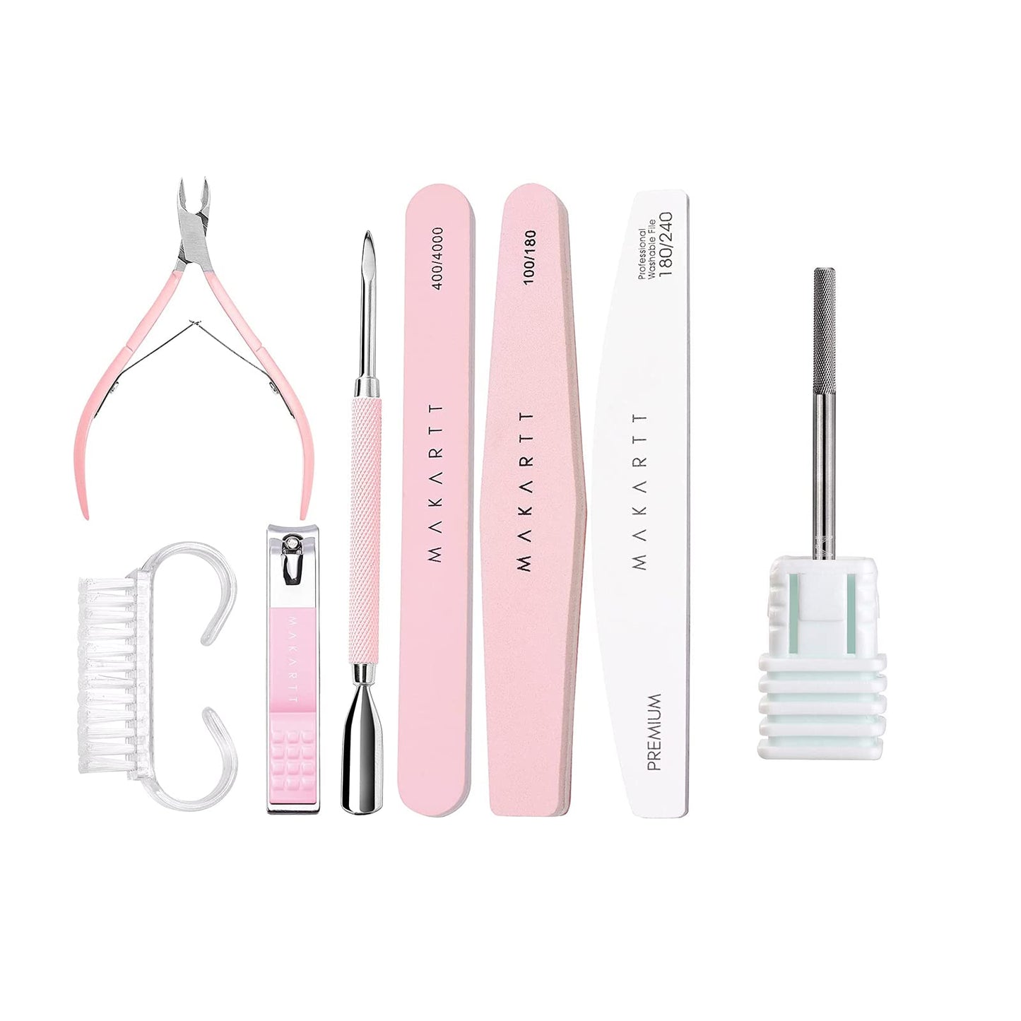 Makartt Cuticle Nail Drill Bit Safety Tungsten Carbide Cuticle Remover Drill Bit Bundle With Nail File and Buffer, Pink Basic Nail Prep Kit with Cuticle Trimmer, Beginner Manicure Kit