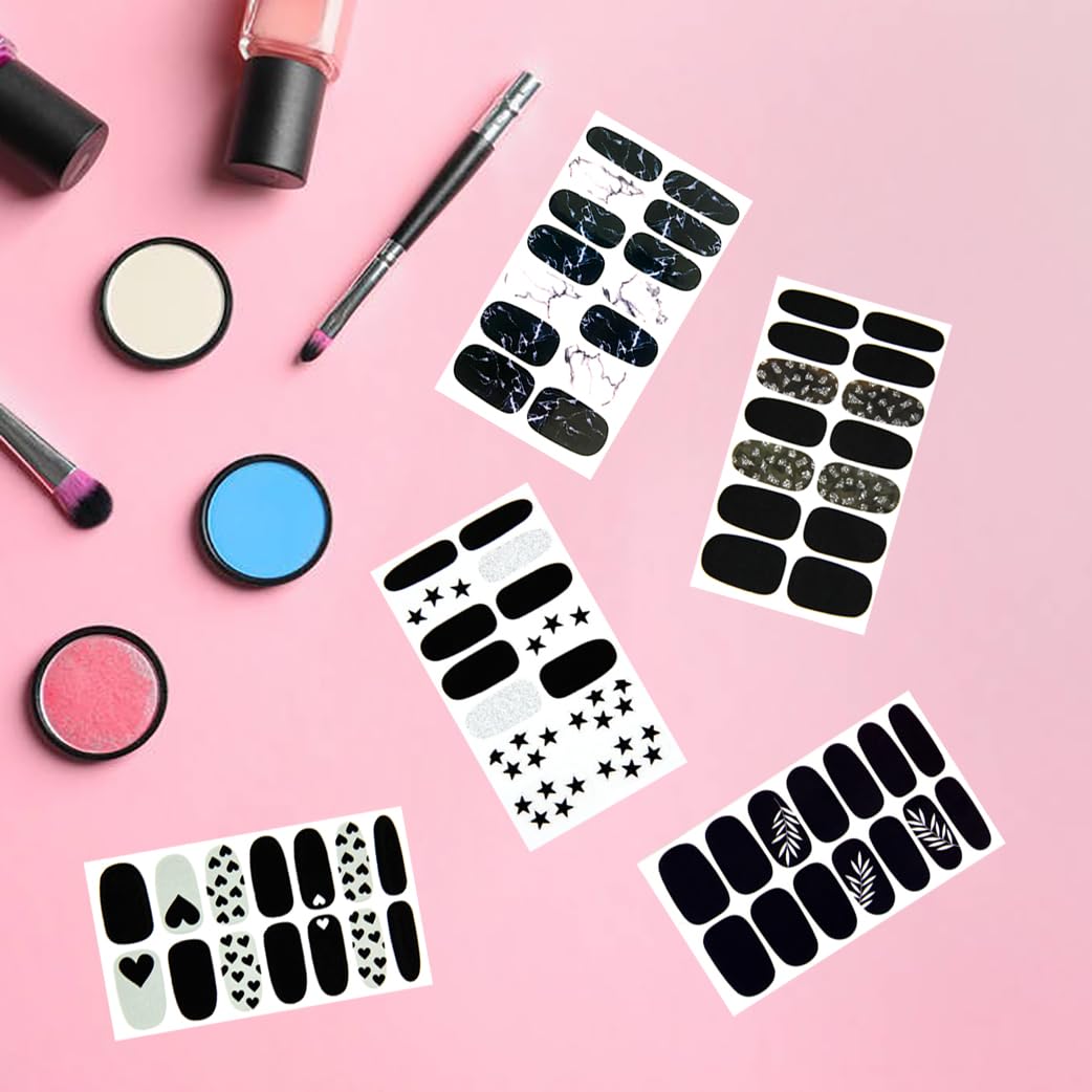 JERCLITY 20 Sheets Black Halloween Nail Polish Strips Black White Heart Snowflake Star Moon Marbled Pattern Gel Nail Strips Black Nail Stickers Full Wraps for Women