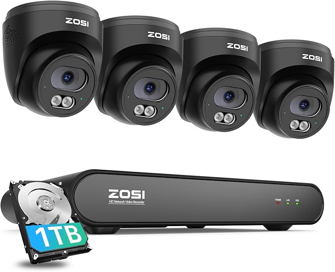 ZOSI C220 4CH 4MP QHD 2.5K PoE Home Security Camera System, 4 x 4MP(1440p) Dome IP Cameras Outdoor Indoor, Smart AI Human Detection, Two-Way Audio, 4CH 5MP 3K NVR with 1TB HDD for 24/7 Record
