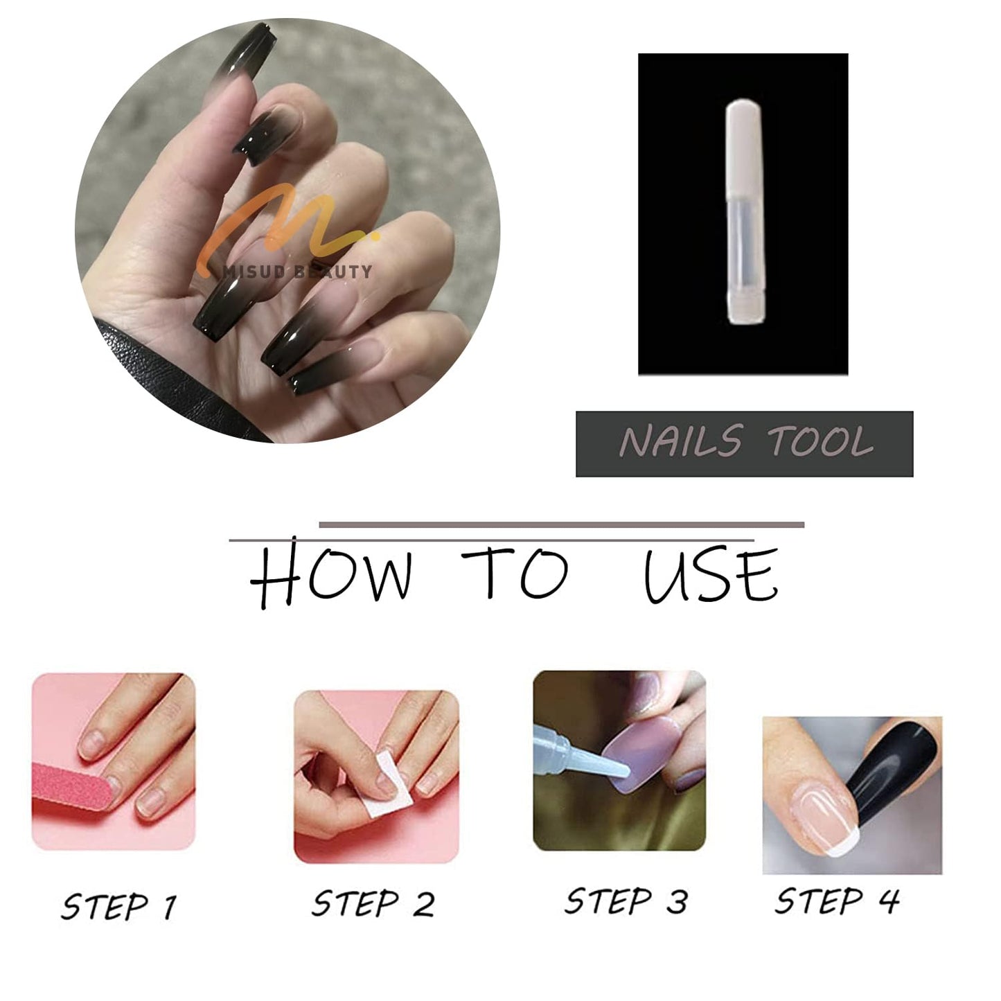 MISUD Press on Nails - Long Coffin Glue on Nails with Goth Black, Acrylic Gothic Ombre Design 24 pcs