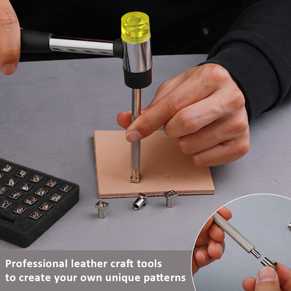 38 PCS Leather Stamping Tools, Leather Stamping Kit with 36pcs Letters and Numbers, Rubber Hammer for Leather Working