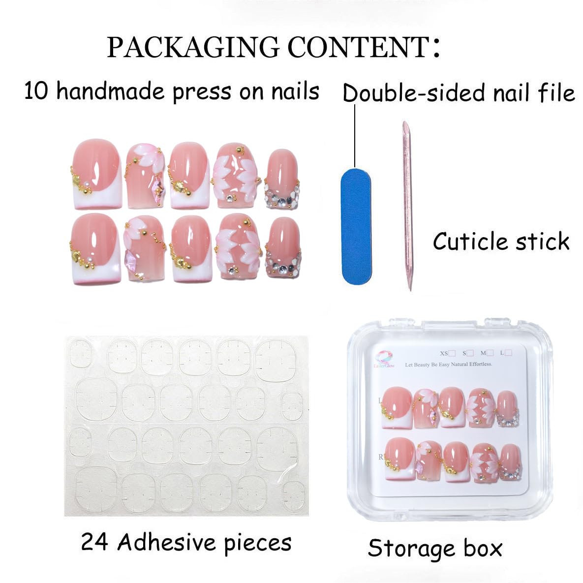 10Pcs Short Square Handmade Press On Nails | Easy Apply & Remove, Reusable Salon Quality Nails | Elegant Blush Pink Fake Nails with 3D Sakura Flower, Gold Seashell & Rhinestone Accents (O912, S)