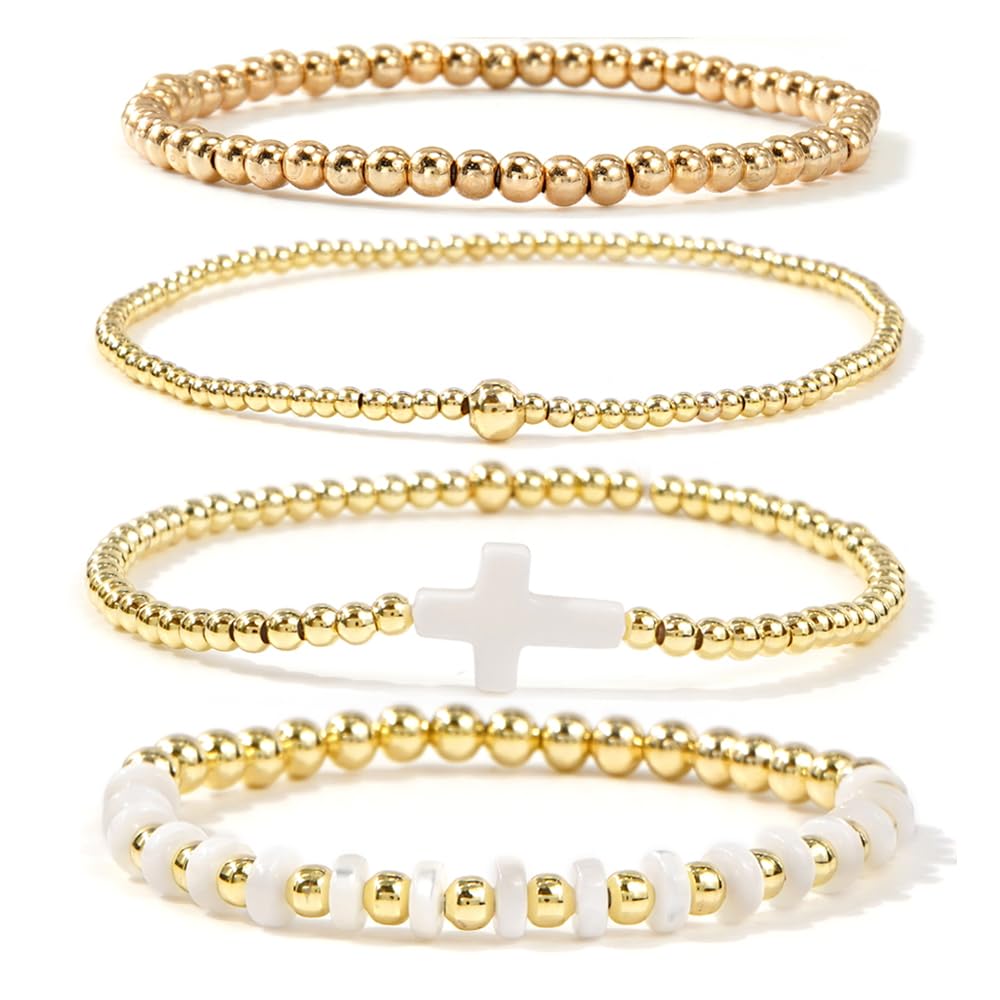 Bohxantium Gold Beaded Bracelets for Women - Stackable Cross Bracelet Stretch Gold Beads Stack Handmade Boho Dainty Non Tarnish Religious Jewelry Trendy Summer Friendship Christian Gift for Women