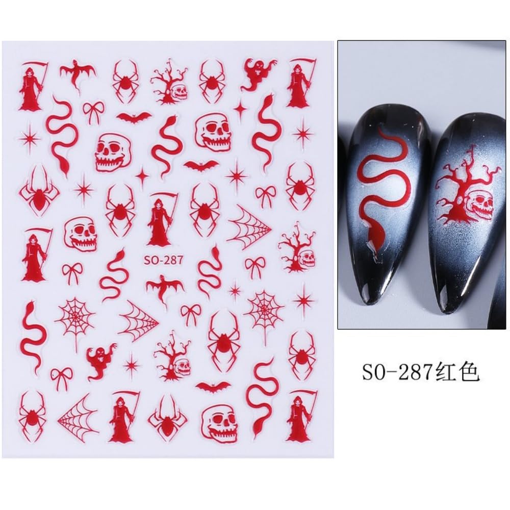 2 Sheets Halloween Nail Stickers Black Red Snake Nail Designs Self-Adhesive Spider Web Nail Decals Cute Bow Nail Art Stickers Skeleton Sticker Manicure Accessories for Women Girls DIY Acrylic Nails