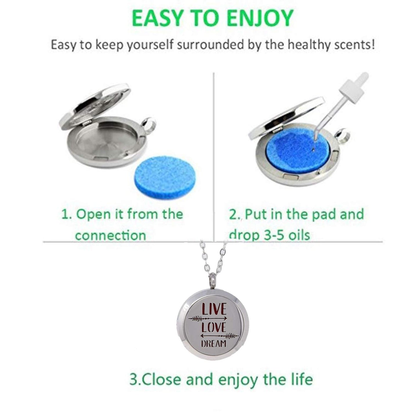 Aromatherapy Essential Oil Diffuser Stainless Steel 30MM Silver Magnetic Locket Pendant 2 Sizes Chain Necklace, Refill Pads & Diffuser Bracelet in a Velvet Bag (Live Love Dream)