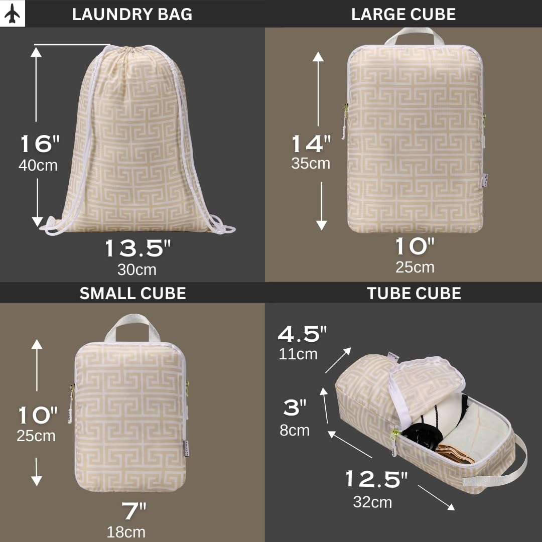 Vatalife Compression Packing Cubes for Travel 6PC Set - Suitcase Organizer & Space Saver Bags for Carry On Luggage with Drawstring Backpack Beige Boho