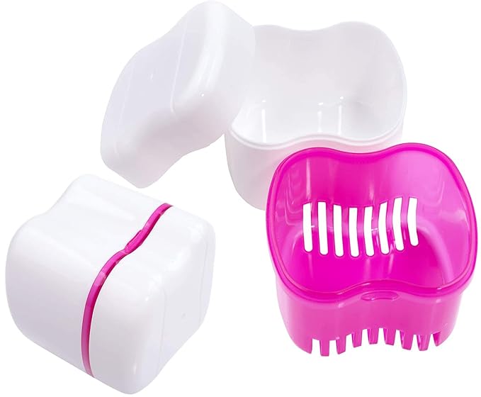 Denture Case,Denture Cups Bath, Toothbrush with hard denture, Dentures Container with Basket Denture Holder for Travel,Mouth Guard Night Gum Retainer Container (Pink)