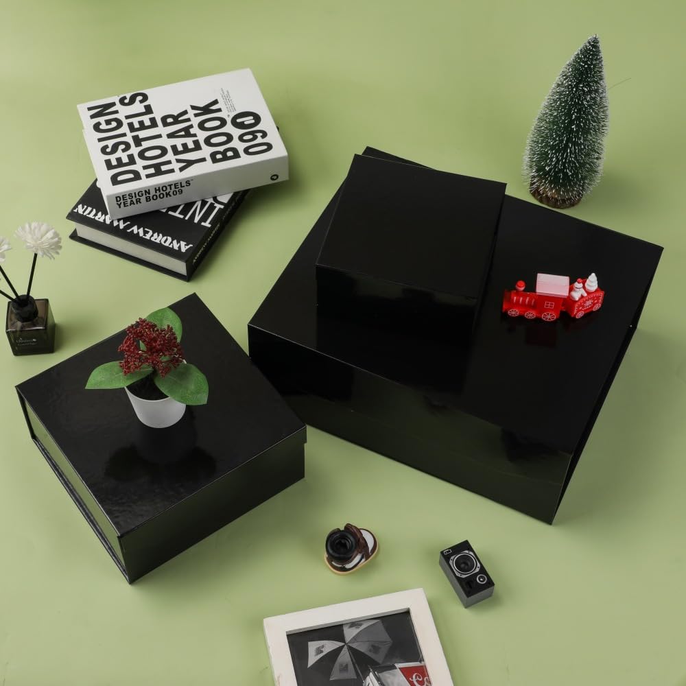 PACKGILO 6 Pcs Black Gift Box Large 13x11x5.3 Inch Black Large Gift Box with Crinkle Paper Magnetic Box with Shredded Paper Luxury Gift Boxes with Lids for Presents