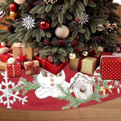 Winter Snowman Red Christmas Tree Skirt 48 Inch Xmas White Snowflake Tree Skirt Winter Snowman Christmas Tree Mat for Xmas Farmhouse Home Party Holiday Indoor Outdoor Decorations
