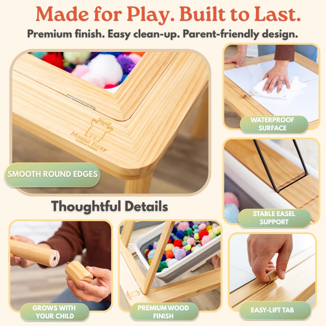 Mama Bear Educational Montessori Sensory Table & Art Easel for Kids & Toddlers | Folding Extendable Legs & Storage Bins, Magnetic Boards & Tiles, Light Box Included | Space-Saving Indoor/Outdoor Play