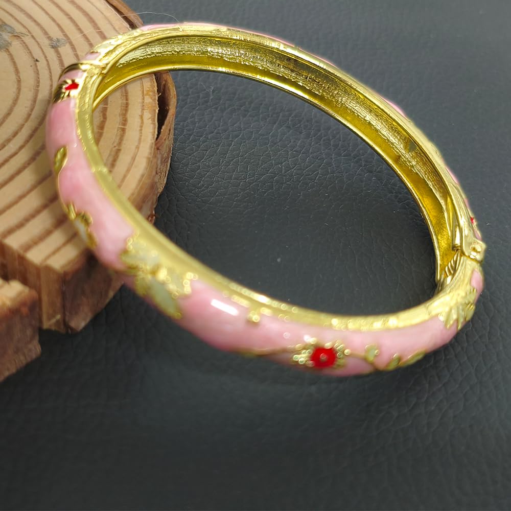 Cloisonne Bracelet For Women, Chunky Bangle Trendy Cute Flower Enamel Bangles Multi Tone Engraved Cuff Gold Plated Bracelets Stackable Wife Jewelry Friendship Gift (Blue&Pink Set, One Size)