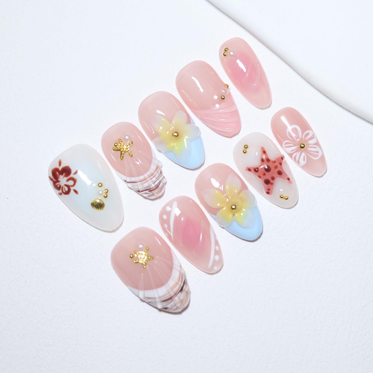 10Pcs Short Almond Handmade Press On Nails | Easy Apply & Remove, Reusable Salon Quality Nails | Fresh Nude Pink Fake Nails with 3D Floral, Starfish & Seashell Accents (RR08, S)