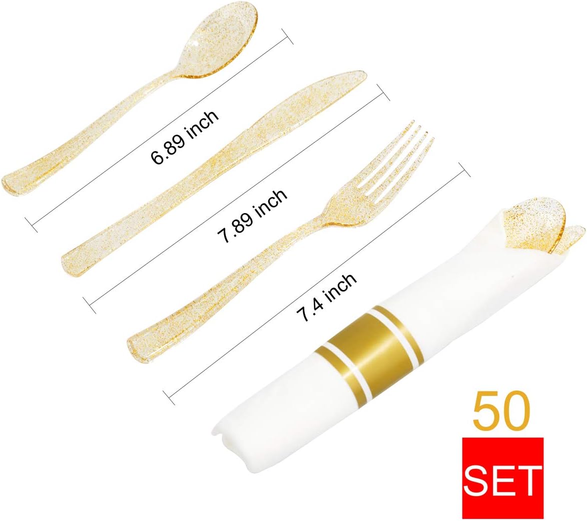 DaYammi 350 Pieces Gold Glitter Dinnerware Set 50 Guest for Party Thanksgiving Plates Disposable - 50 Dinner Plates, 50 Dessert Platos -50 Per Rolled Napkins with Gold Cutlery -50 Disposable Cups 9 OZ