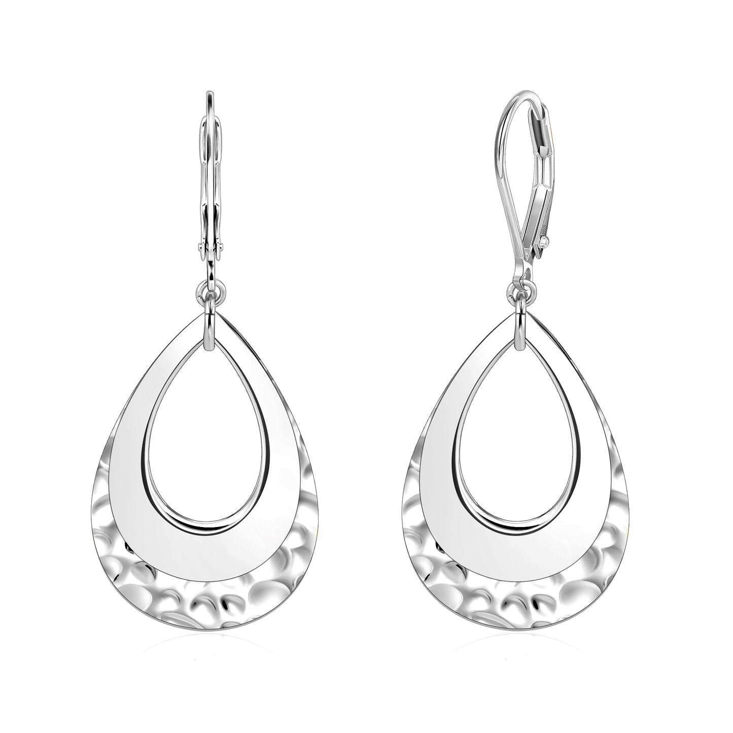 Sterling Silver Teardrop Dangle Earrings for Women Sliver Layer Leverback Hammered Dangle Earrings Jewelry Hypoallergenic Waterdrop Leverback Dangle Earring for Gifts