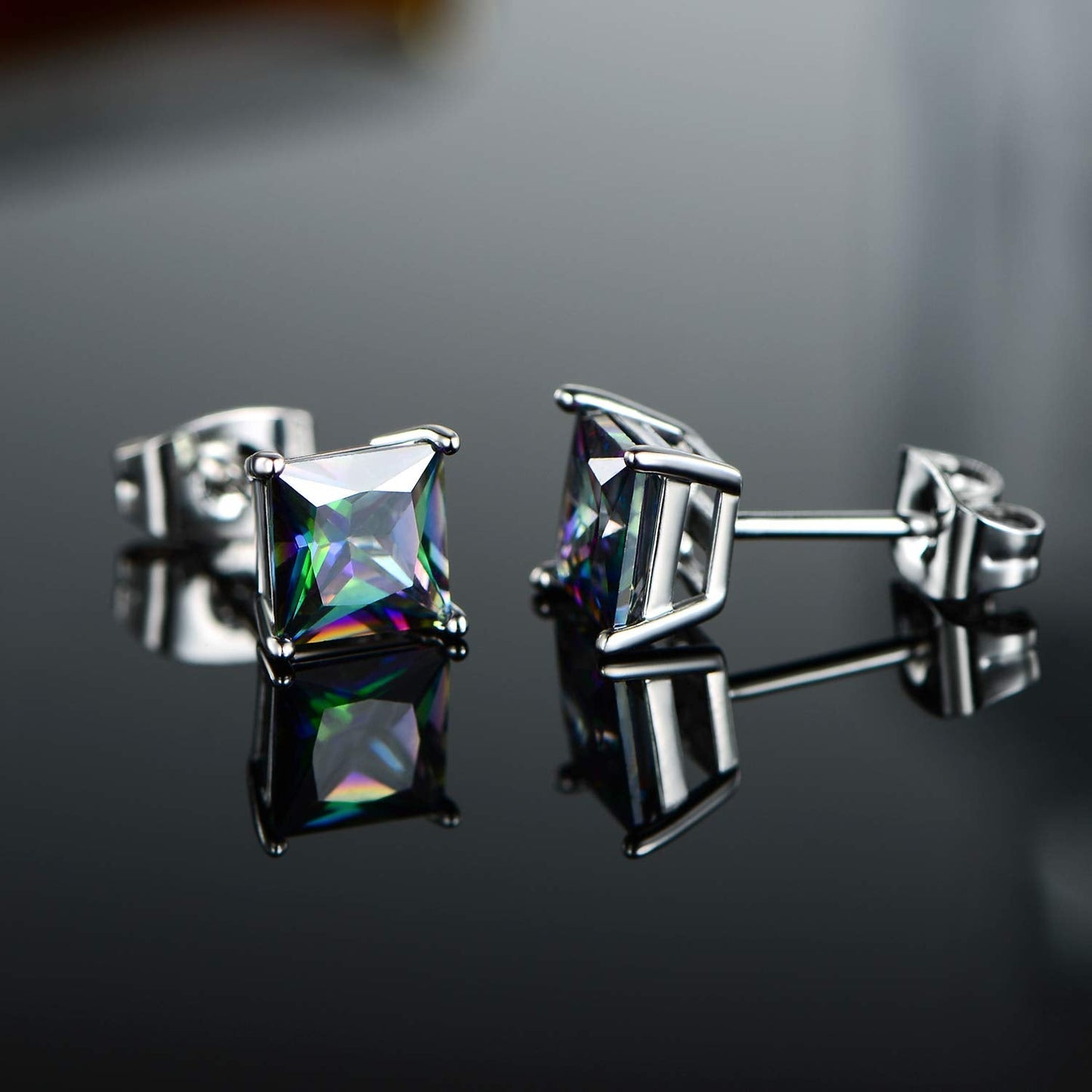 Rainbow Quartz CZ Studs Earrings Colourful Cubic Zirconia Ear Piercing 18K White Gold Plated Jewelry Gifts for Women Men(4mm square studs)