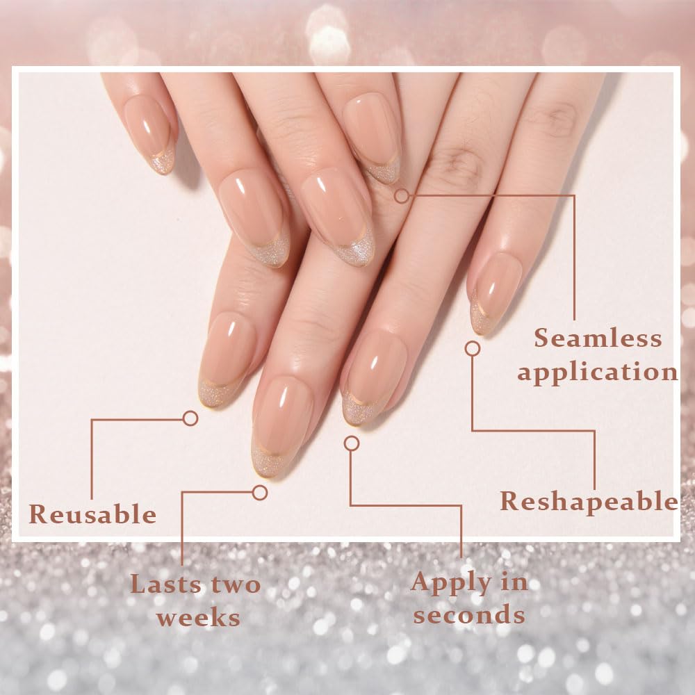 evpct French Tip Press On Nails Short Almond, Nude + Gold Line & Glitter Tips, Short Almond Fake False Press on Nails, Soft Gel Stick on nail Press ons with Nail Kit, Reusable Salon Quality