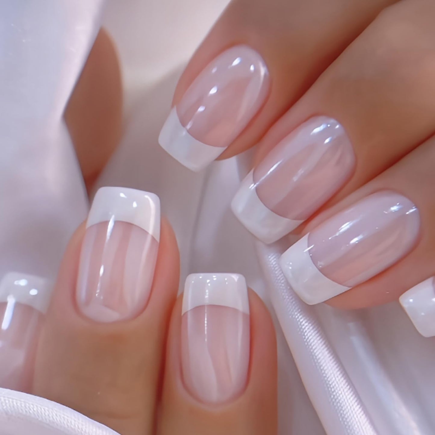 Medium Square Press on Nails White French Tip Fake Nails Nude Pink Nails Press ons Acrylic Nails False Nails Glossy Artificial Full Cover Stick on Nails for Women Girls 24 Pcs