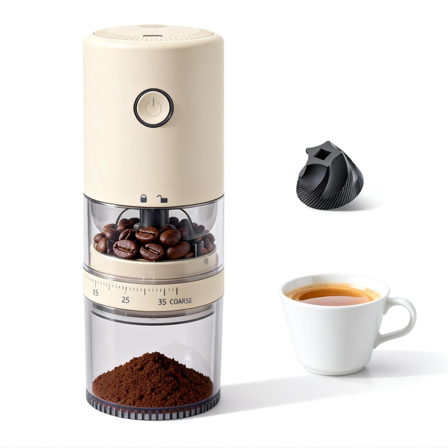 LAMIDO Portable Electric Burr Coffee Grinder - Grind While Charging - Visual Bean Hopper - 38 External Grind Settings - 1.8X Faster Grinding - 2000 mAh Battery for Travel, Camping - Light Beige