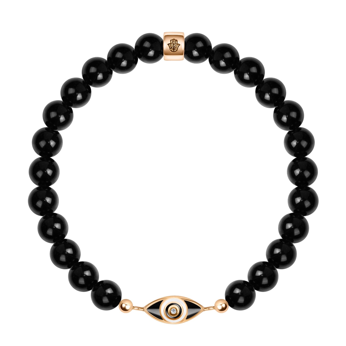 KARMA AND LUCK - Expanding Consciousness - Women's Real Onyx Gemstones 925 Sterling Silver - 18K Gold Plated Black Enamel Diamond Chip Evil Eye Charm Stretch Bracelet, Gift for Her