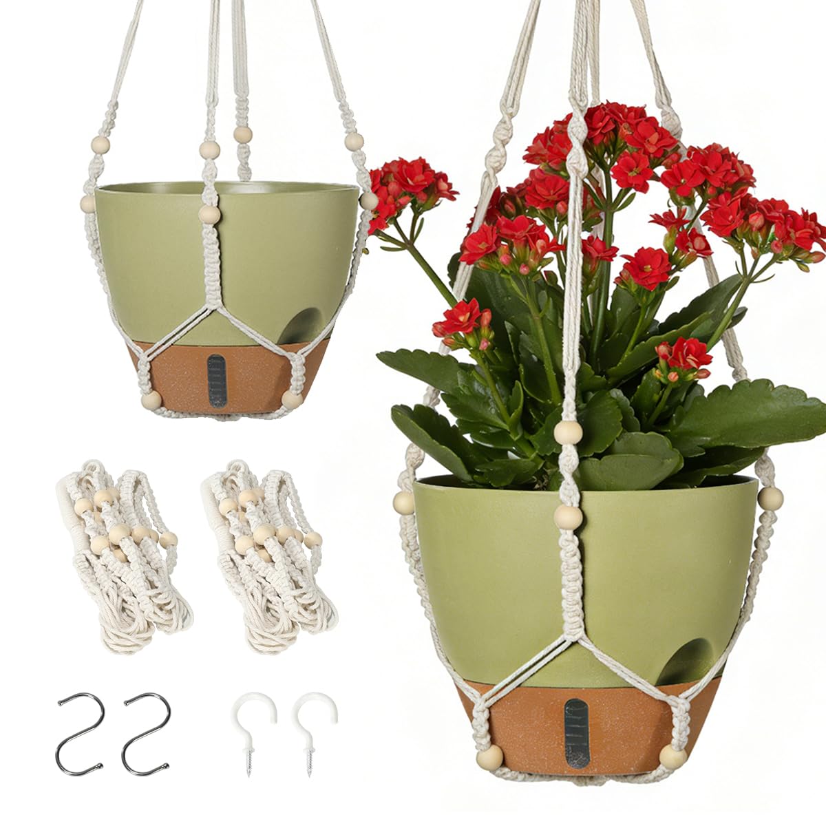 YUNLINGAA Self-Watering Hanging Planters for Indoor Plants Set 2-Piece Includes Plant Hanging Pot, Drainage-Hole Hanging Pot, and Hanging Basket Rack (10 Inches, Green)