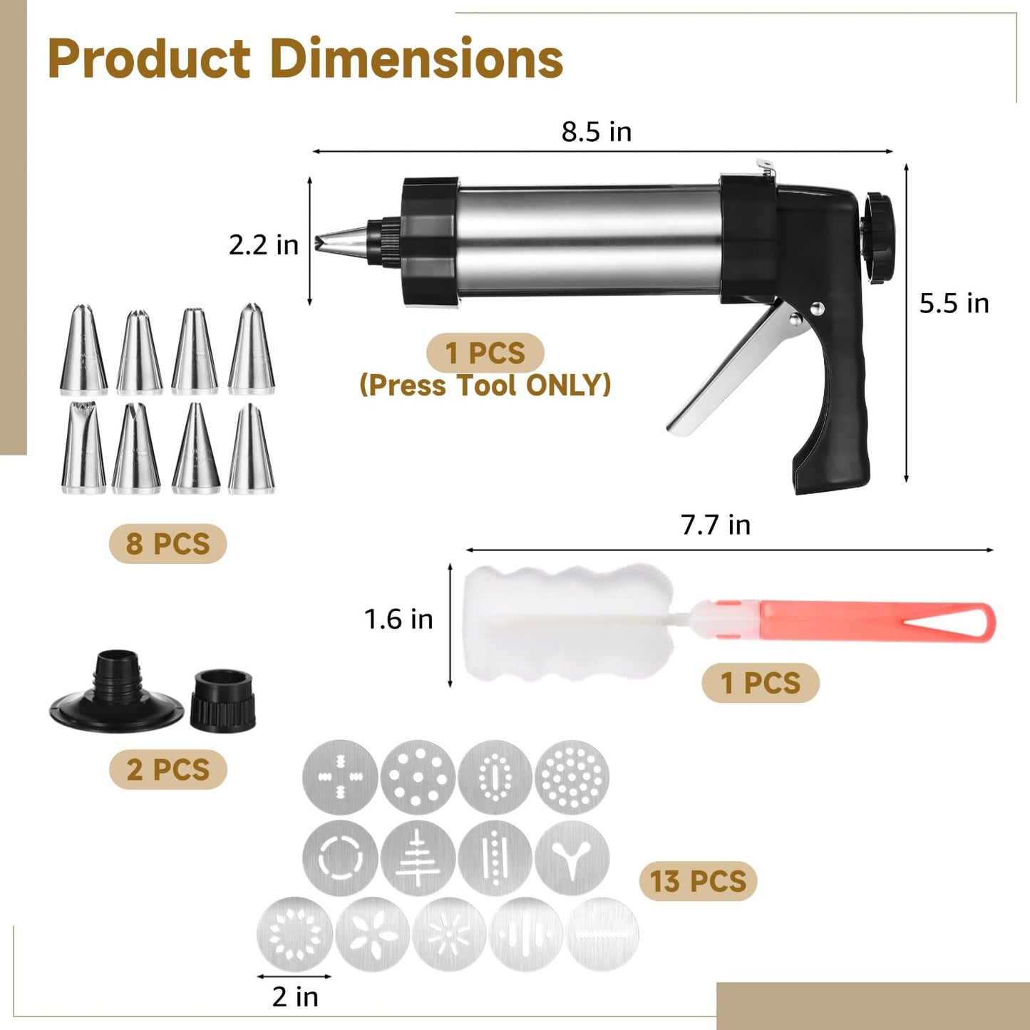Cookie Press Gun Kit,Stainless Steel Cookie Press for Baking Maker Gun with 13 Discs,8 Piping Tips and Cleaning Brush for DIY Cakes,Dessert