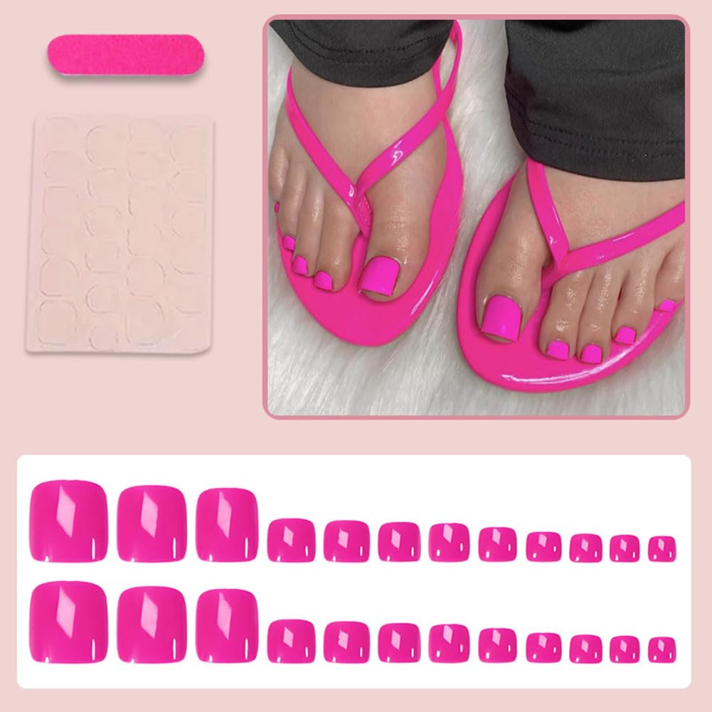 Helenfinz Press on Toenails, Hot Pink Fake Toe Nail with Pure Color Design, Glossy Reusable Stick on Toe Nails for Women - Acrylic False Full Cover Tips