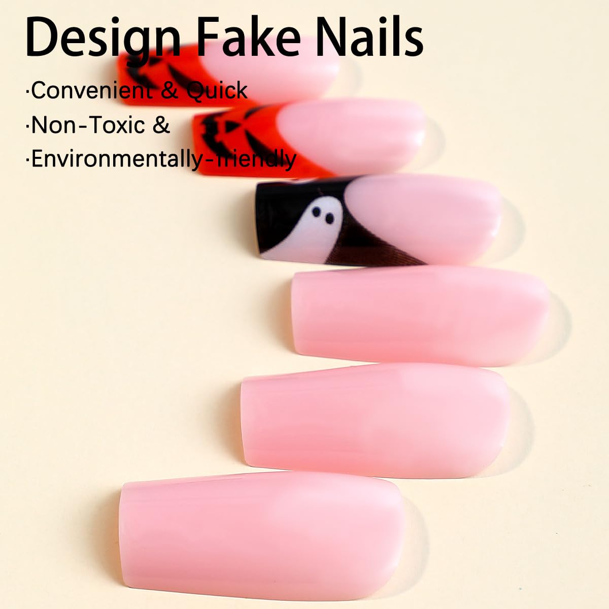 Halloween Press on Nails Long Sqaure Fake Nails French Tips Nails Press ons Pumpkin Ghost Face Acrylic Nails Wound Blood Designs False Nails Glossy Glue on Nails for Women Girls 24Pcs