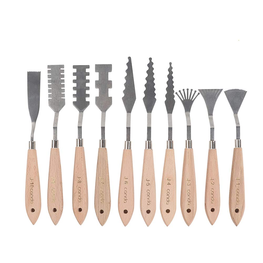 CONDA Palette Knife Set 1 set 10Pcs Palette Knife Painting Wood Handle with Different Shapes and 1 set 5 pcs regular shapes pack