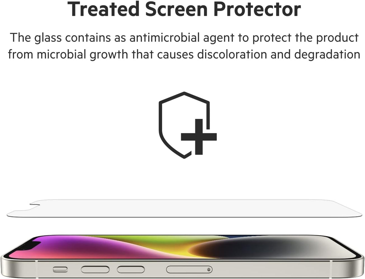 Belkin UltraGlass iPhone 14, iPhone 13 Pro Screen Protector - Easy Application with Installation Guide Tray - Crystal Clear Tempered Glass Screen Protector with AntiMicrobial-Treated Display