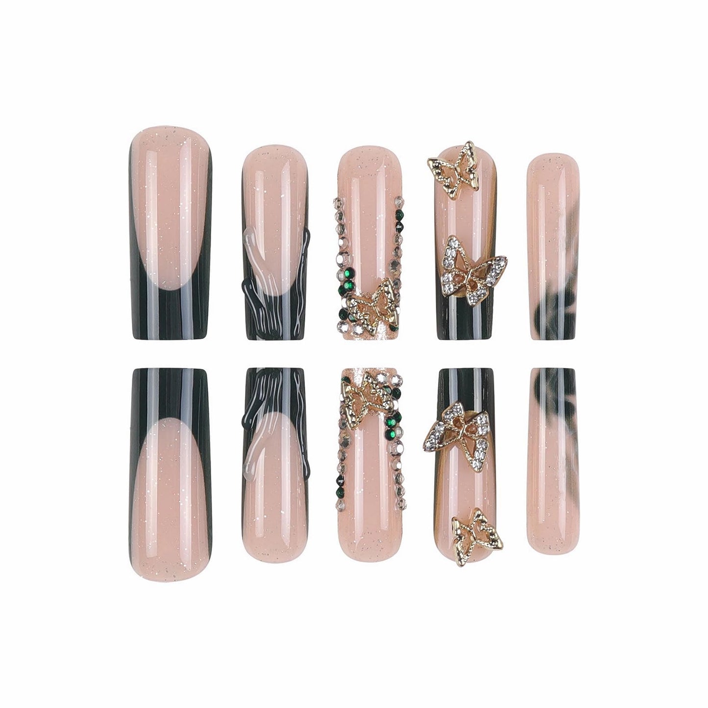 MISUD Press on Nails - Long Square Glue on Nails with Black French Tip, Acrylic Rhinestone Design 24 pcs