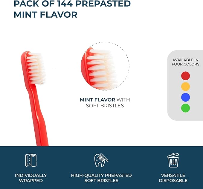 The Essentials Dreams 144 Pack Disposable Toothbrushes with Mint Toothpaste, Individually Wrapped - Prepasted Single Use Toothbrush with Soft Bristles for Camping, Hotels, Travel, Airbnb