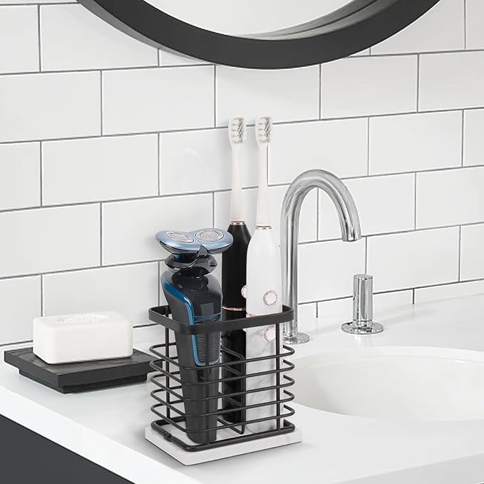 HarJue Toothbrush Holder, Luxurious Metal Toothbrush Toothpaste Holder with Marble Base for Bathroom, Multi-Slots Openwork Design, Bathroom Accessory for Storage and Organizer (Small, Matte Black)