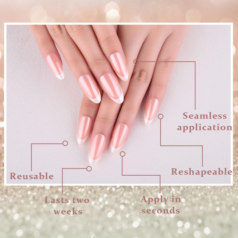 evpct French Tip Press On Nails Almond Medium, Warm Pink + Wihte Tips, Chrome Glazed Glossy Medium Almond Fake False Press on Nails, Reusable Gel Stick on nail Press ons Nail Kit, Salon Quality